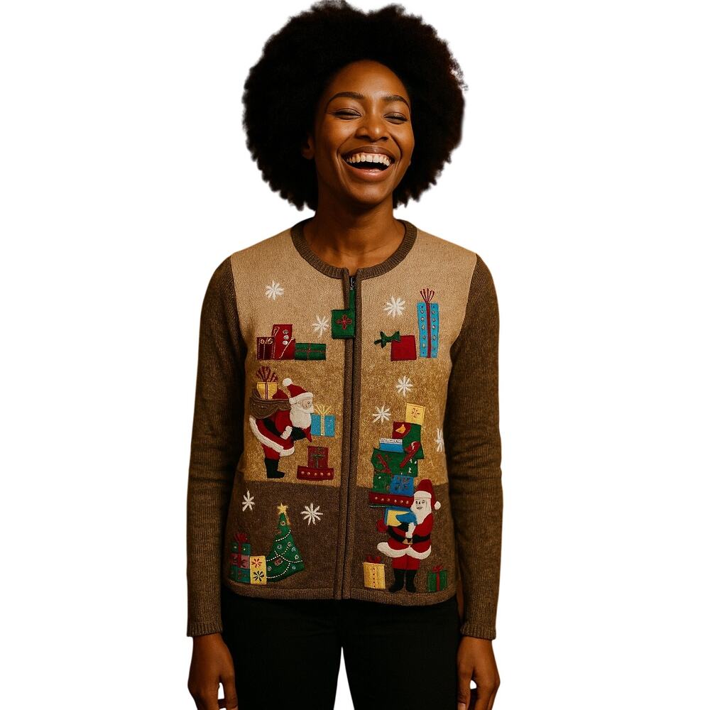 VTG Tiara International Santa Gifts Christmas zip Cardigan Sweater Medium Brown